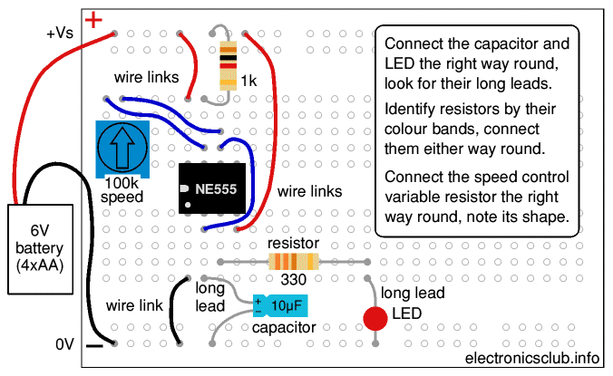 Flashing LED with speed control breadboard layout