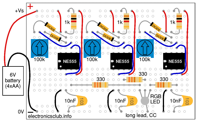 RGB LED with PWM breadboard layout