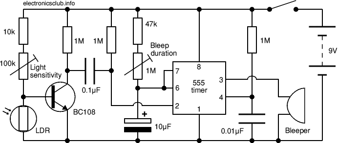 Circuit diagram for light-sensitive alarm